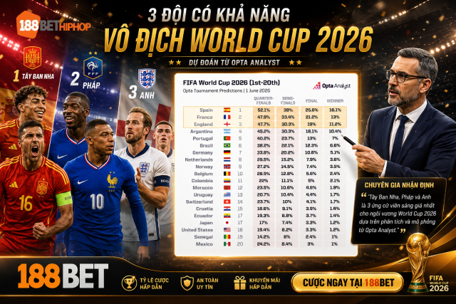 Bảng phần trăm xếp hạng 3 đội có khả năng vô địch World Cup 2026 cùng chuyên gia 188BET Marandu